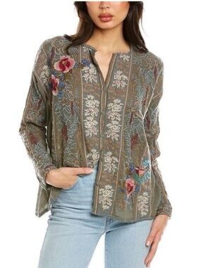 Johnny Was Merlin Olive Embroidered Floral Blouse with Pink & Blue Accents, NWT